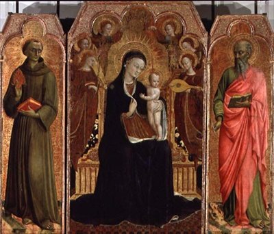 Madonna und Kind auf dem Thron mit sechs Engeln, Hl. Antonius von Padua und Johannes der Evangelist, 1437-44 von Sassetta c.1392 1450 Sassetta c.1392 1450